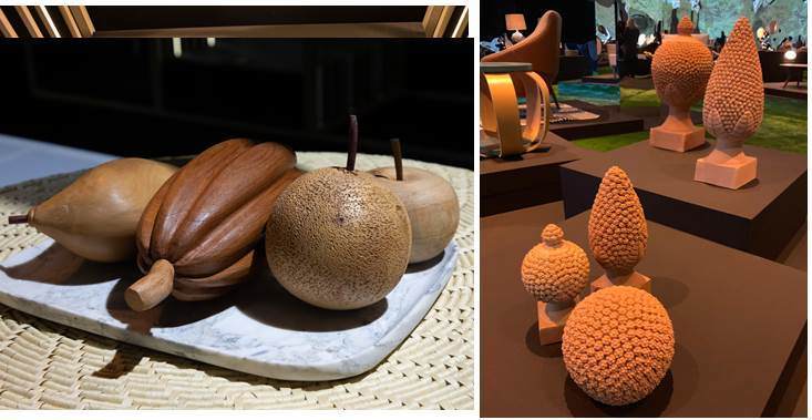 Frutas entalhadas em madeira por artesãos do Grupo Capitão das Fibras de Capitão Enéas (MG)  e pinhas de cerâmica de Cabo de Santo Agostinho (PE)